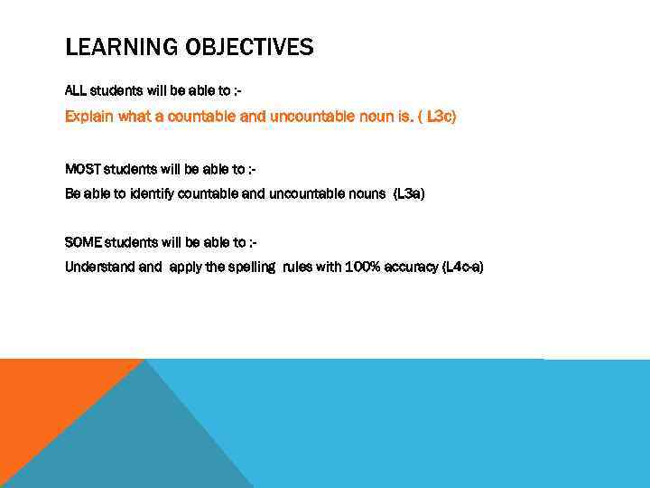 LEARNING OBJECTIVES ALL students will be able to : - Explain what a countable