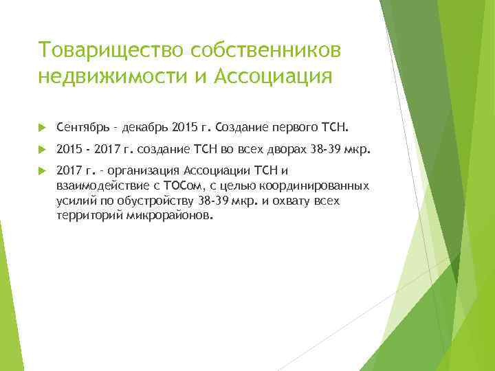 Товарищество собственников недвижимости и Ассоциация Сентябрь – декабрь 2015 г. Создание первого ТСН. 2015
