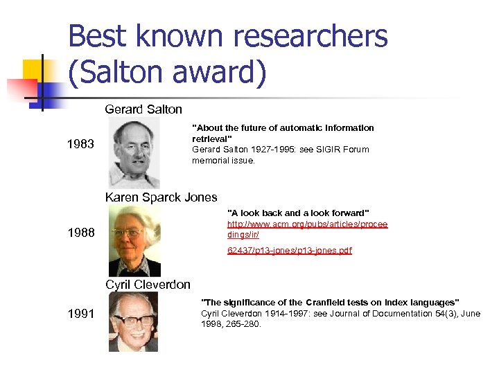 Best known researchers (Salton award) Gerard Salton 1983 "About the future of automatic information
