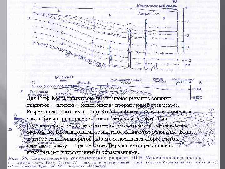 Для Галф Коста характерно значительное развитие соляных диапиров —штоков с солью, иногда прорывающей весь