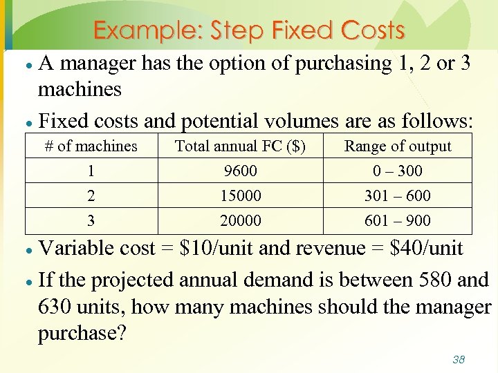 Example: Step Fixed Costs A manager has the option of purchasing 1, 2 or