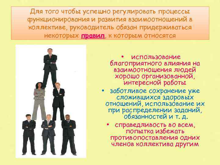 Для того чтобы успешно регулировать процессы функционирования и развития взаимоотношений в коллективе, руководитель обязан