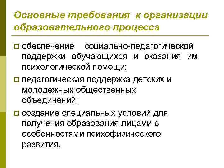 Основные требования к организации образовательного процесса обеспечение социально педагогической поддержки обучающихся и оказания им