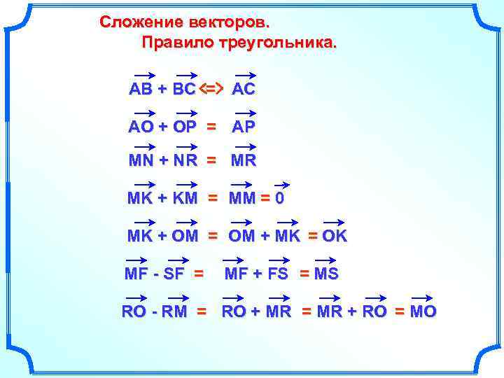 Сложение векторов. Правило треугольника. АВ + ВС = АС АО + ОР = АР