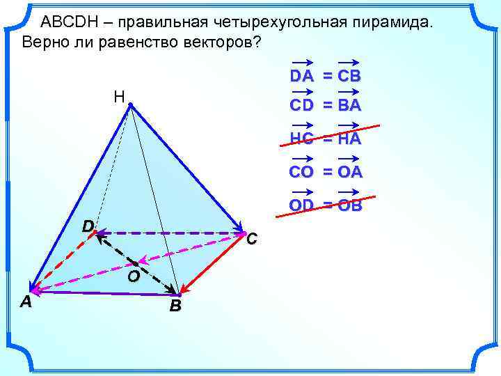 АВСDH – правильная четырехугольная пирамида. Верно ли равенство векторов? DA = CB Н CD