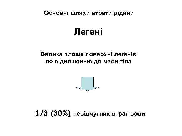 Основні шляхи втрати рідини Легені Велика площа поверхні легенів по відношенню до маси тіла