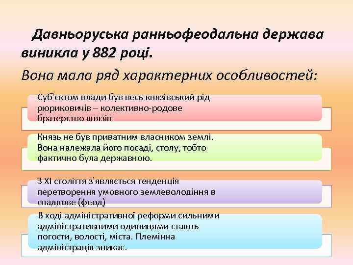 Давньоруська ранньофеодальна держава виникла у 882 році. Вона мала ряд характерних особливостей: Суб'єктом влади