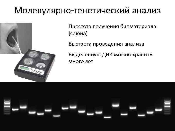 Молекулярно-генетический анализ Простота получения биоматериала (слюна) Быстрота проведения анализа Выделенную ДНК можно хранить много