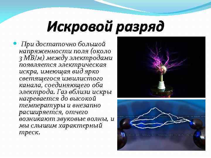 Искровой разряд При достаточно большой напряженности поля (около 3 МВ/м) между электродами появляется электрическая