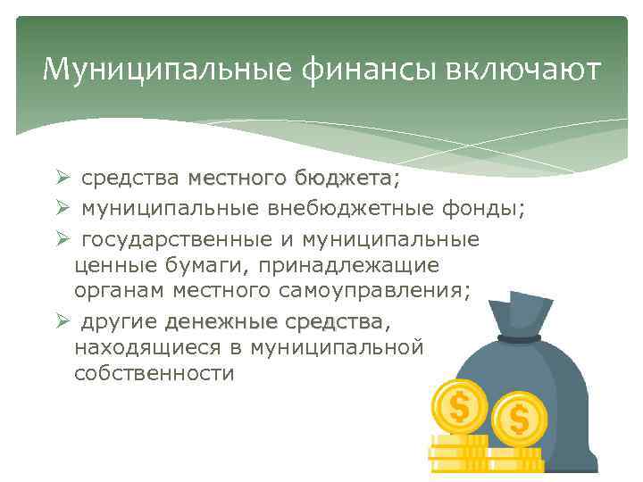 Муниципальные финансы включают Ø средства местного бюджета; местного бюджета Ø муниципальные внебюджетные фонды; Ø