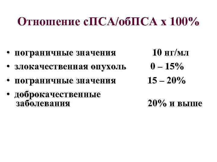 Отношение с. ПСА/об. ПСА х 100% • • пограничные значения злокачественная опухоль пограничные значения