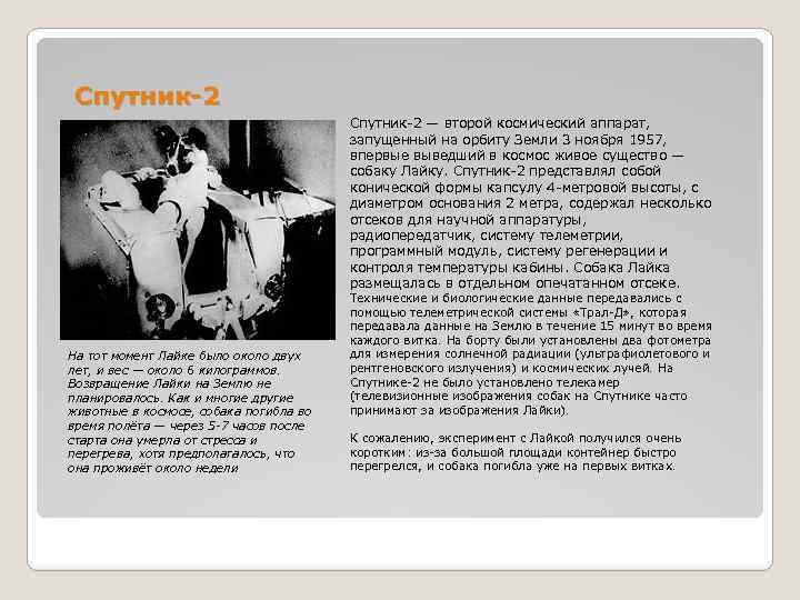 Спутник-2 — второй космический аппарат, запущенный на орбиту Земли 3 ноября 1957, впервые выведший