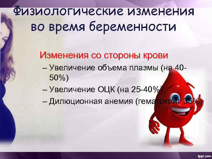 Физиологические изменения во время беременности Изменения со стороны крови – Увеличение объема плазмы (на