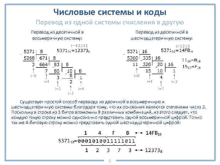 Числовые системы и коды Перевод из одной системы счисления в другую Перевод из десятичной