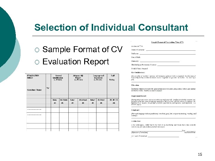 Selection of Individual Consultant ¡ ¡ Sample Format of CV Evaluation Report 15 