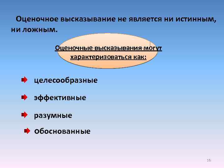 Оценочное высказывание не является ни истинным, ни ложным. Оценочные высказывания могут характеризоваться как: целесообразные