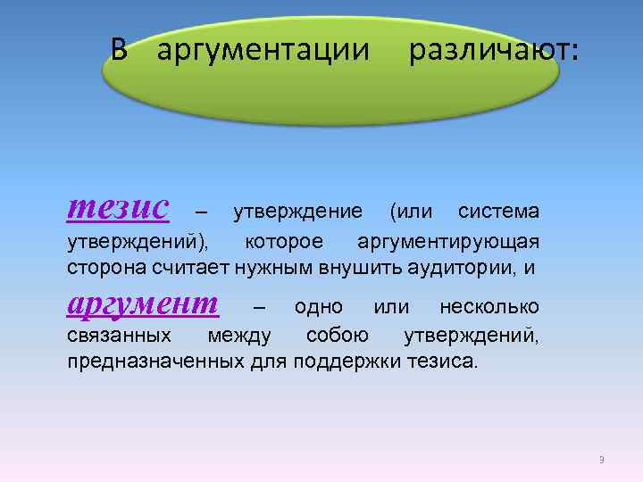 В аргументации различают: тезис – утверждение (или система утверждений), которое аргументирующая сторона считает нужным