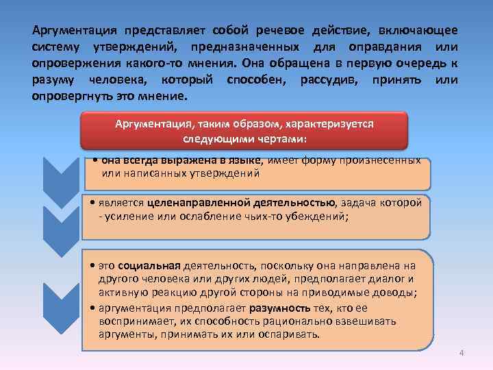 Аргументация представляет собой речевое действие, включающее систему утверждений, предназначенных для оправдания или опровержения какого-то