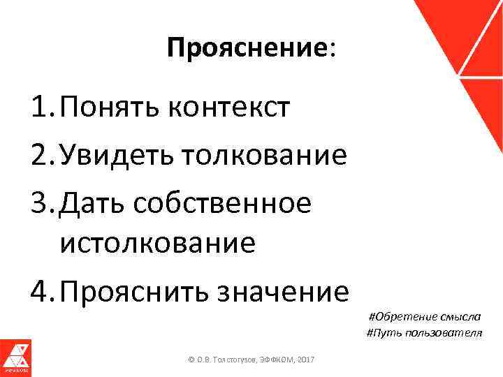 Прояснение: 1. Понять контекст 2. Увидеть толкование 3. Дать собственное истолкование 4. Прояснить значение