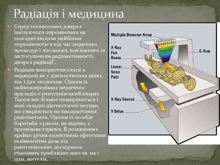 Радіація і медицина Серед техногенних джерел іонізуючого опромінення на сьогодні людина найбільш опромінюється під