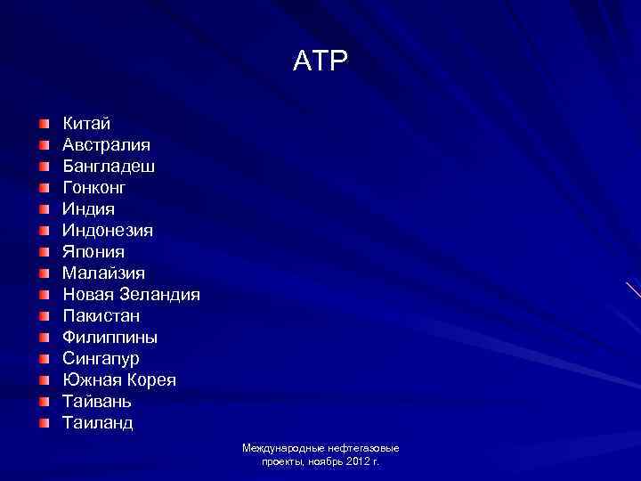 АТР Китай Австралия Бангладеш Гонконг Индия Индонезия Япония Малайзия Новая Зеландия Пакистан Филиппины Сингапур