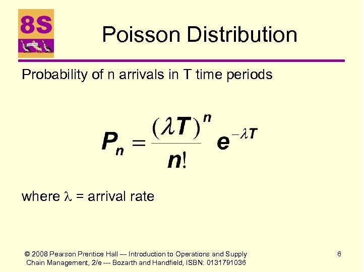 Poisson Distribution Probability of n arrivals in T time periods where = arrival rate