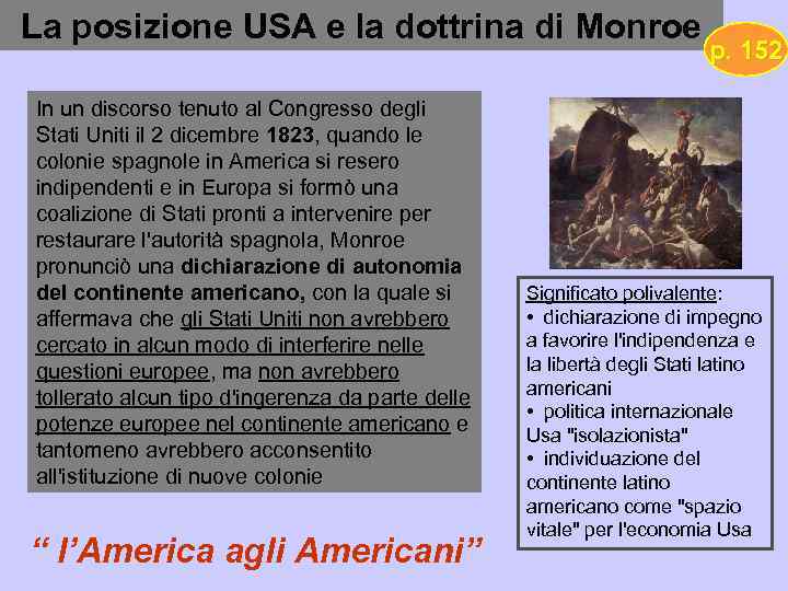 La posizione USA e la dottrina di Monroe In un discorso tenuto al Congresso