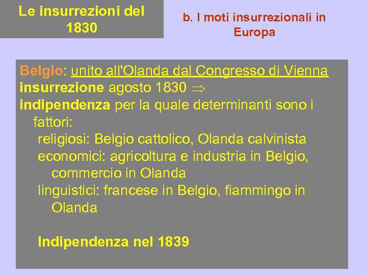 Le insurrezioni del 1830 b. I moti insurrezionali in Europa Belgio: unito all'Olanda dal