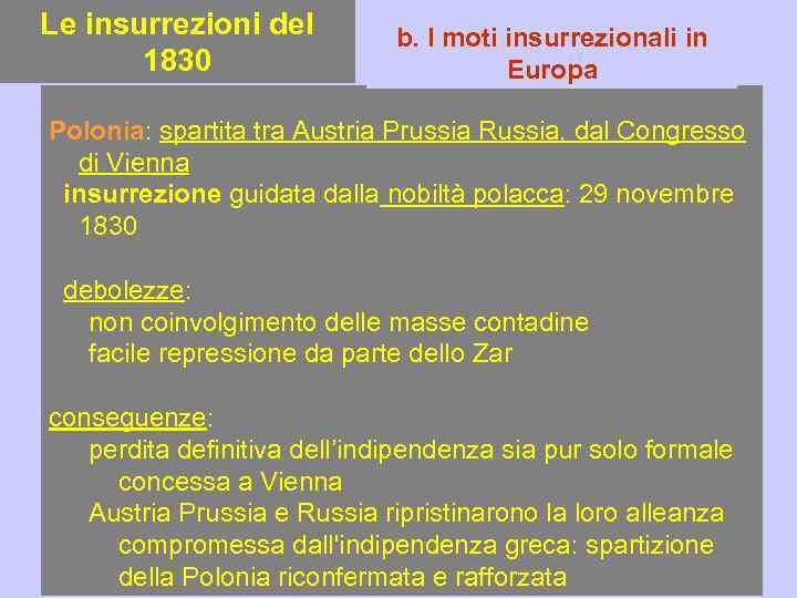 Le insurrezioni del 1830 b. I moti insurrezionali in Europa Polonia: spartita tra Austria