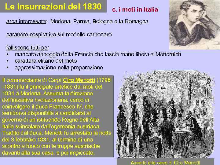 Le insurrezioni del 1830 c. i moti in Italia area interessata: Modena, Parma, Bologna