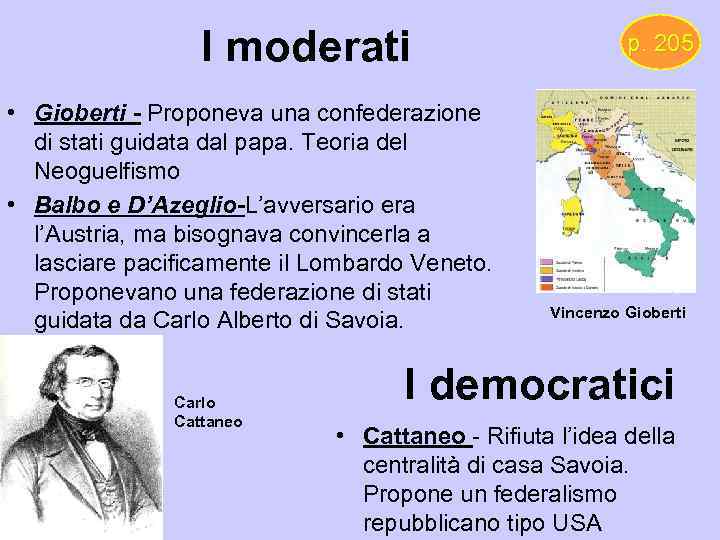 I moderati • Gioberti - Proponeva una confederazione di stati guidata dal papa. Teoria