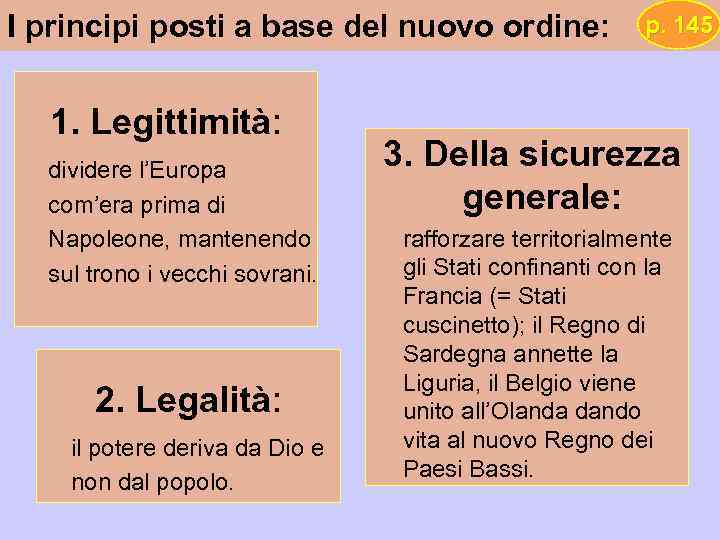 I principi posti a base del nuovo ordine: 1. Legittimità: dividere l’Europa com’era prima