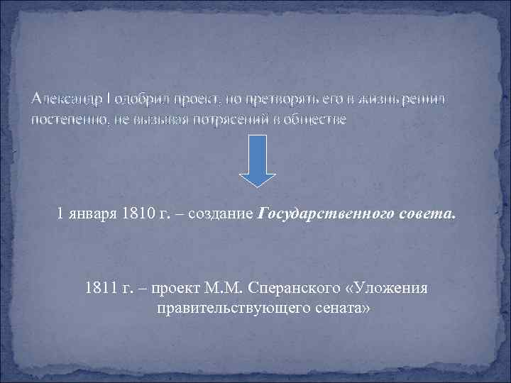 Александр I одобрил проект, но претворять его в жизнь решил постепенно, не вызывая потрясений