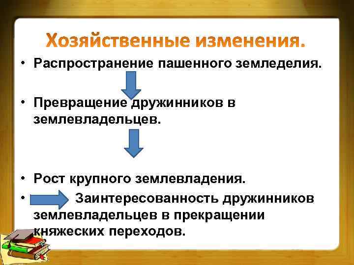  • Распространение пашенного земледелия. • Превращение дружинников в землевладельцев. • Рост крупного землевладения.