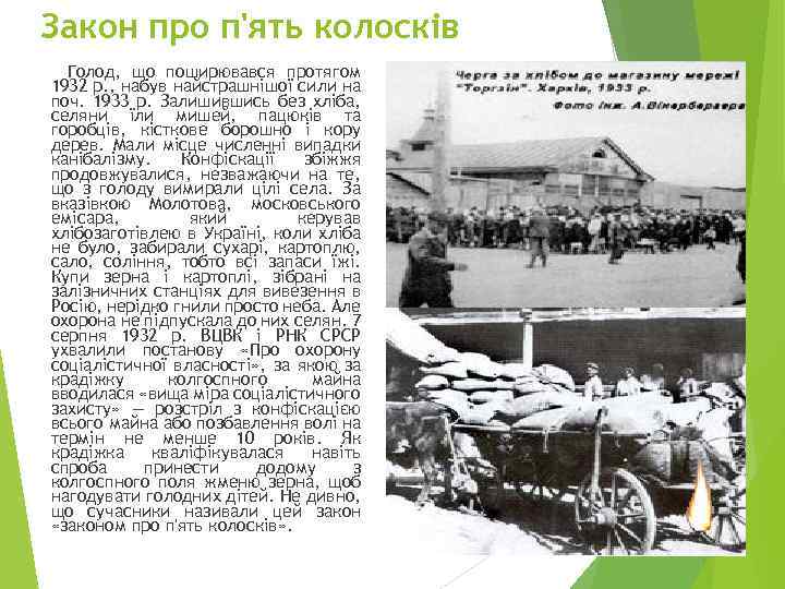 Закон про п'ять колосків Голод, що поширювався протягом 1932 p. , набув найстрашнішої сили