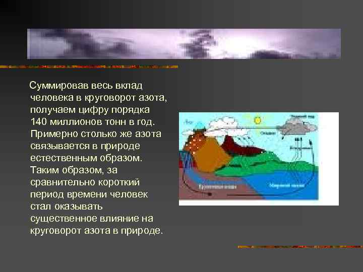  Суммировав весь вклад человека в круговорот азота, получаем цифру порядка 140 миллионов тонн