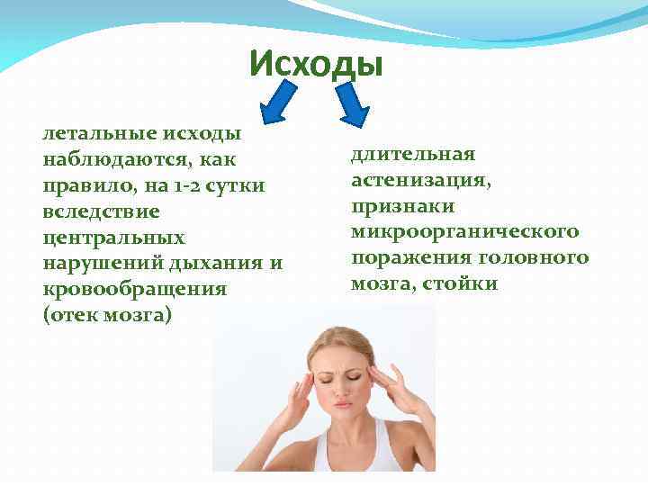 Исходы летальные исходы наблюдаются, как правило, на 1 -2 сутки вследствие центральных нарушений дыхания