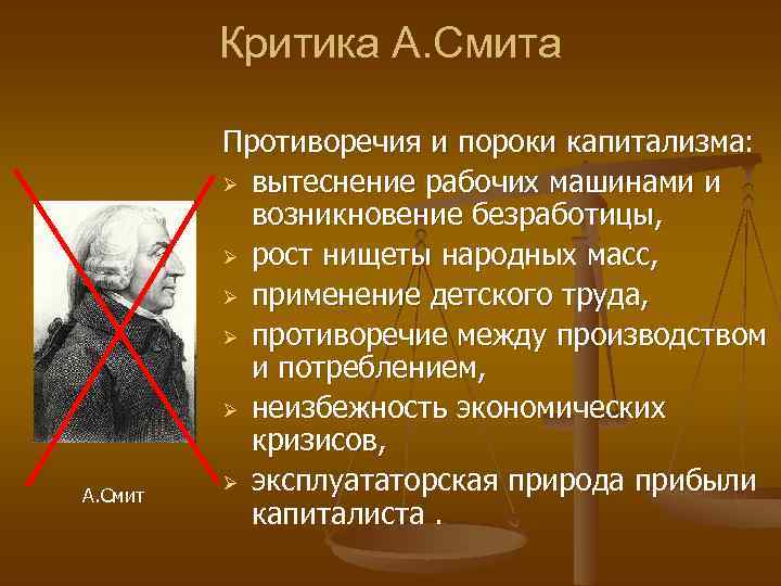 Критика А. Смит Противоречия и пороки капитализма: Ø вытеснение рабочих машинами и возникновение безработицы,