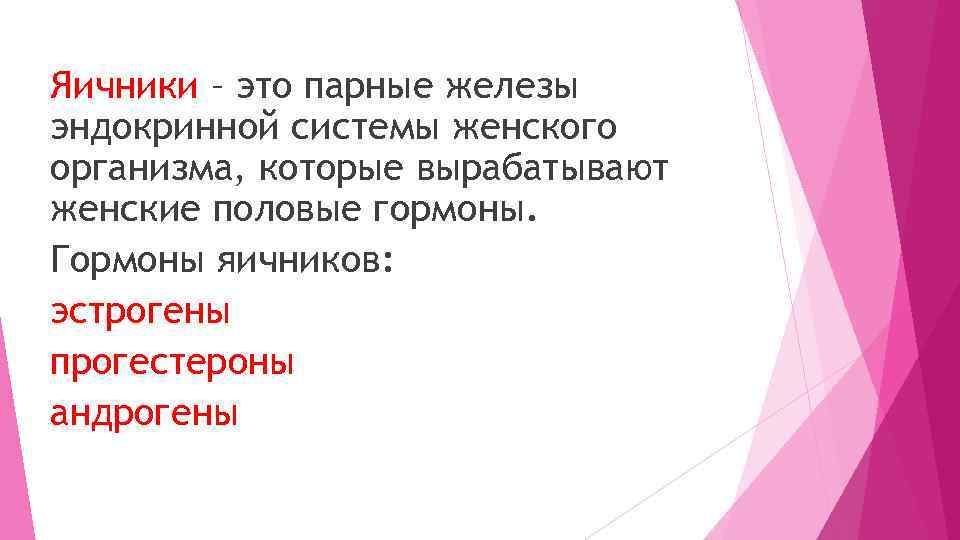  Яичники – это парные железы эндокринной системы женского организма, которые вырабатывают женские половые