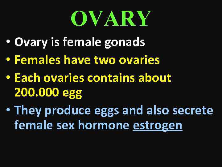 OVARY • Ovary is female gonads • Females have two ovaries • Each ovaries