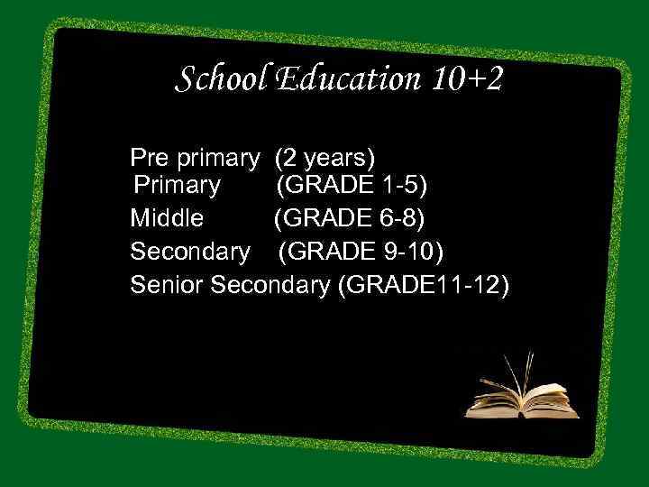School Education 10+2 Pre primary (2 years) Primary (GRADE 1 -5) Middle (GRADE 6