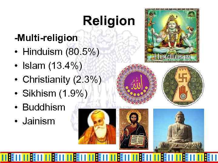 Religion -Multi-religion • Hinduism (80. 5%) • Islam (13. 4%) • Christianity (2. 3%)