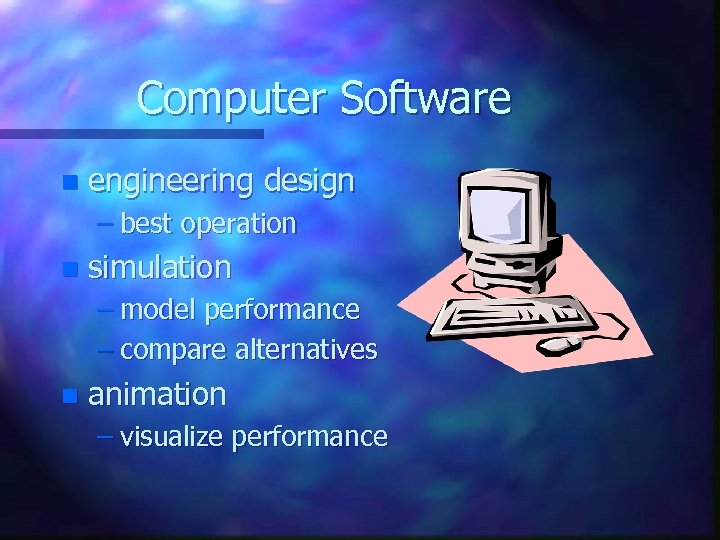 Computer Software n engineering design – best operation n simulation – model performance –