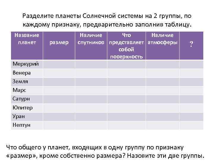 Разделите планеты Солнечной системы на 2 группы, по каждому признаку, предварительно заполнив таблицу. Название