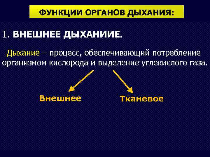 ФУНКЦИИ ОРГАНОВ ДЫХАНИЯ: 1. ВНЕШНЕЕ ДЫХАНИИЕ. Дыхание – процесс, обеспечивающий потребление организмом кислорода и