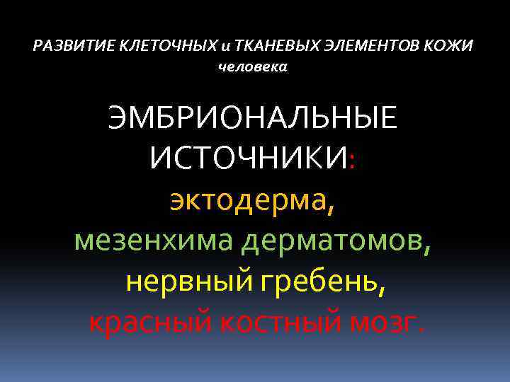  РАЗВИТИЕ КЛЕТОЧНЫХ и ТКАНЕВЫХ ЭЛЕМЕНТОВ КОЖИ человека ЭМБРИОНАЛЬНЫЕ ИСТОЧНИКИ: эктодерма, мезенхима дерматомов, нервный