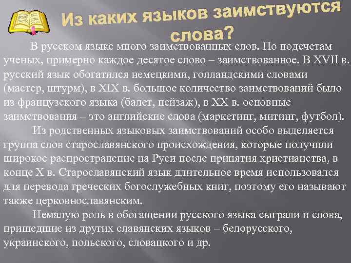заимствуются Из каких языков слова? В русском языке много заимствованных слов. По подсчетам ученых,