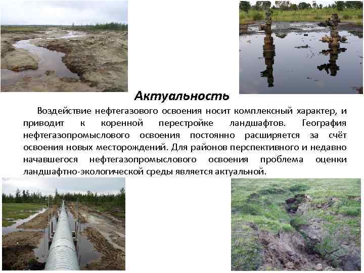 Актуальность Воздействие нефтегазового освоения носит комплексный характер, и приводит к коренной перестройке ландшафтов. География