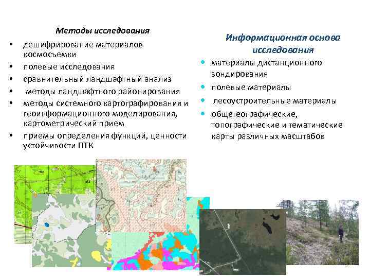  • • • Методы исследования дешифрирование материалов космосъемки полевые исследования сравнительный ландшафтный анализ