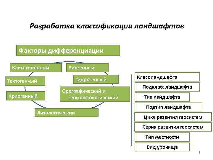 Разработка классификации ландшафтов Факторы дифференциации Климатогенный Биогенный Тектогенный Гидрогенный Криогенный Орографический и геоморфологический Литологический